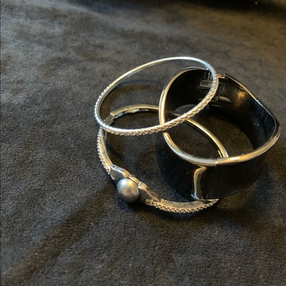 1” silver cuff bracelet, 1 silver bangle, 1 silver stretch bangle w/ rhinestones - Picture 2 of 6